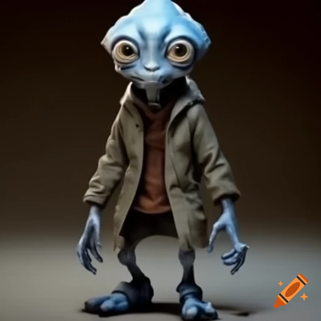 Humanoid alien character with blue skin in stylish everyday outfit and expensive shoes