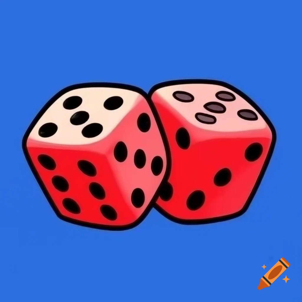 Cartoonish art of red dice on blue background