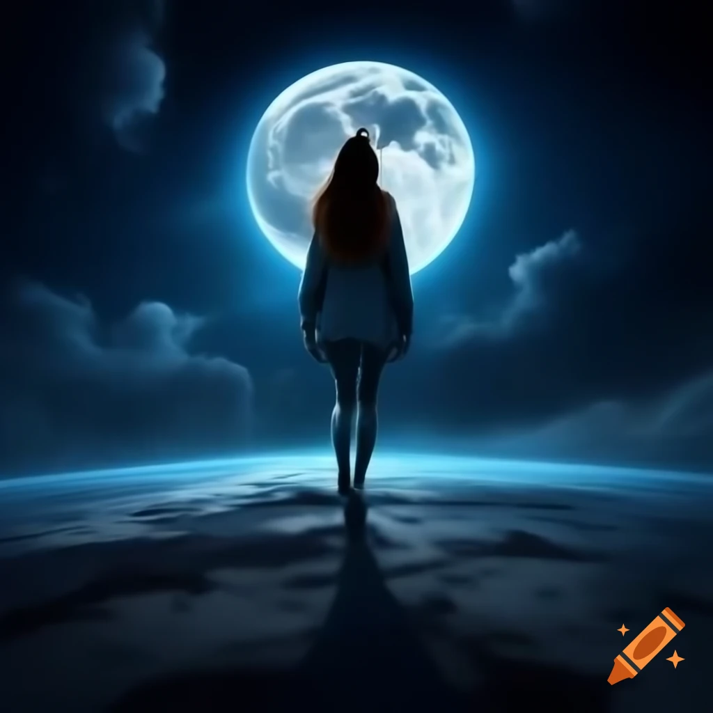 Brunette girl walking on the moon while gazing at Earth