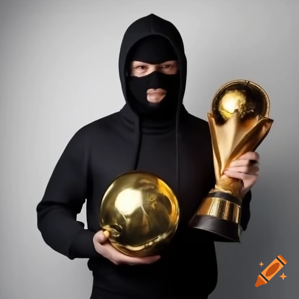 Robber with golden soccer ball trophy and golden soccer ball