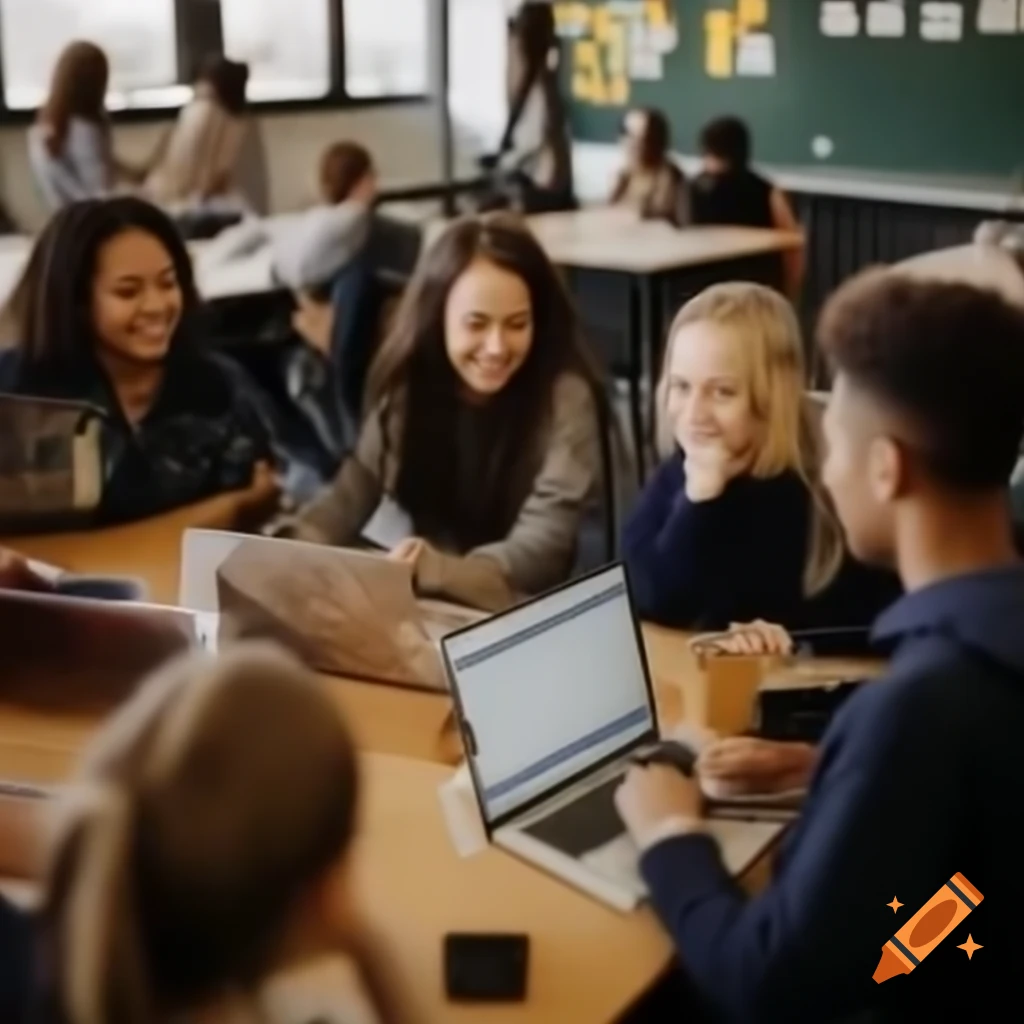 Technology classroom with happy students programming in groups