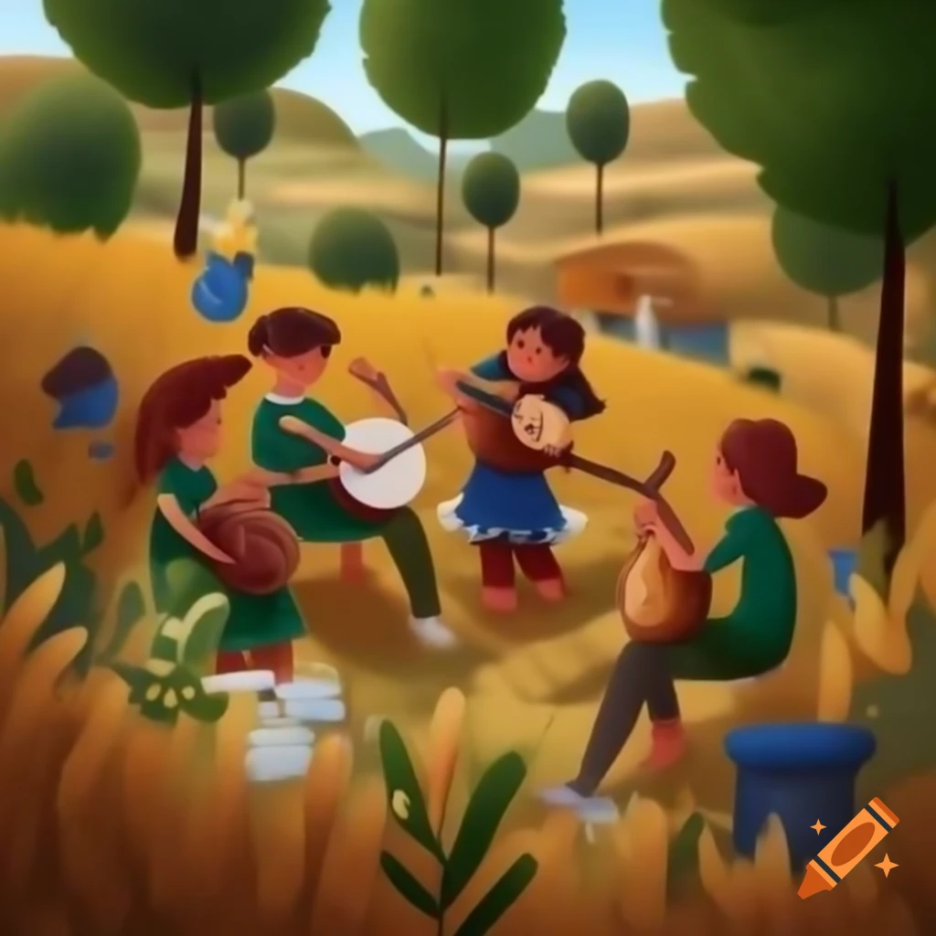 Group of young musicians playing in market surrounded by trees and flowers
