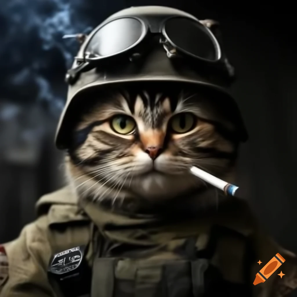 Cat dressed as soldier wearing helmet, with cigarette