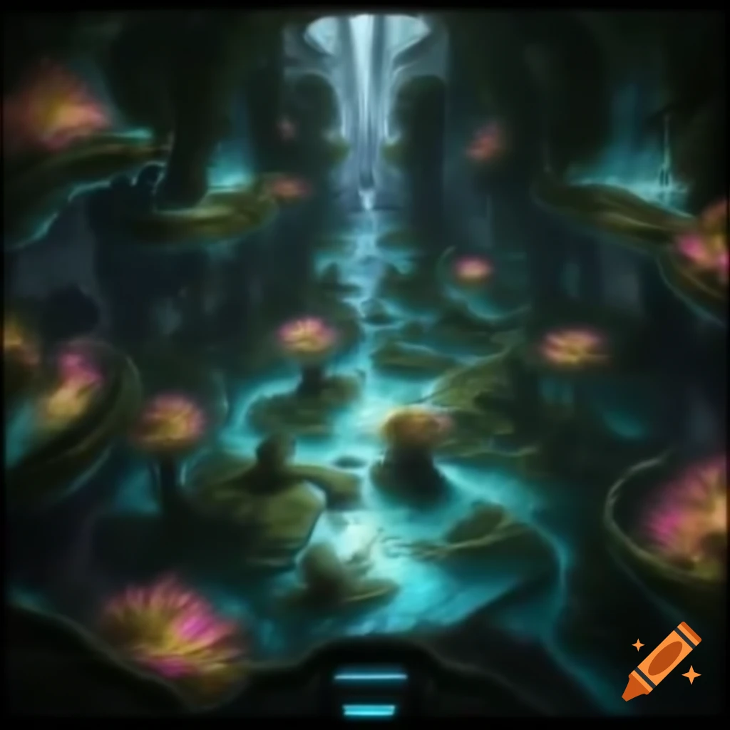 Vibrant gardens with bioluminescent flora and glowing pathways