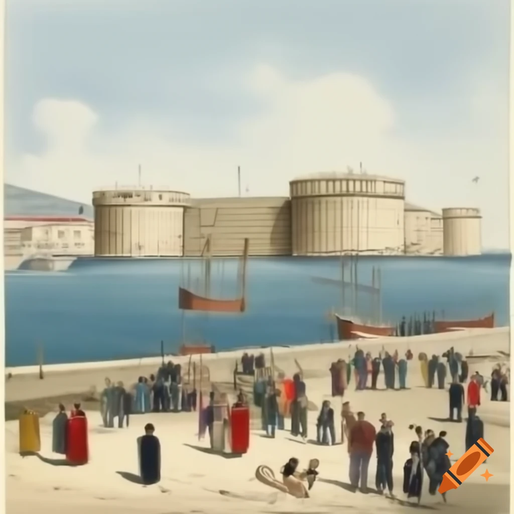 Crowded docks of Fort Saint-Jean in Marseille in the early 1800s, colored illustration