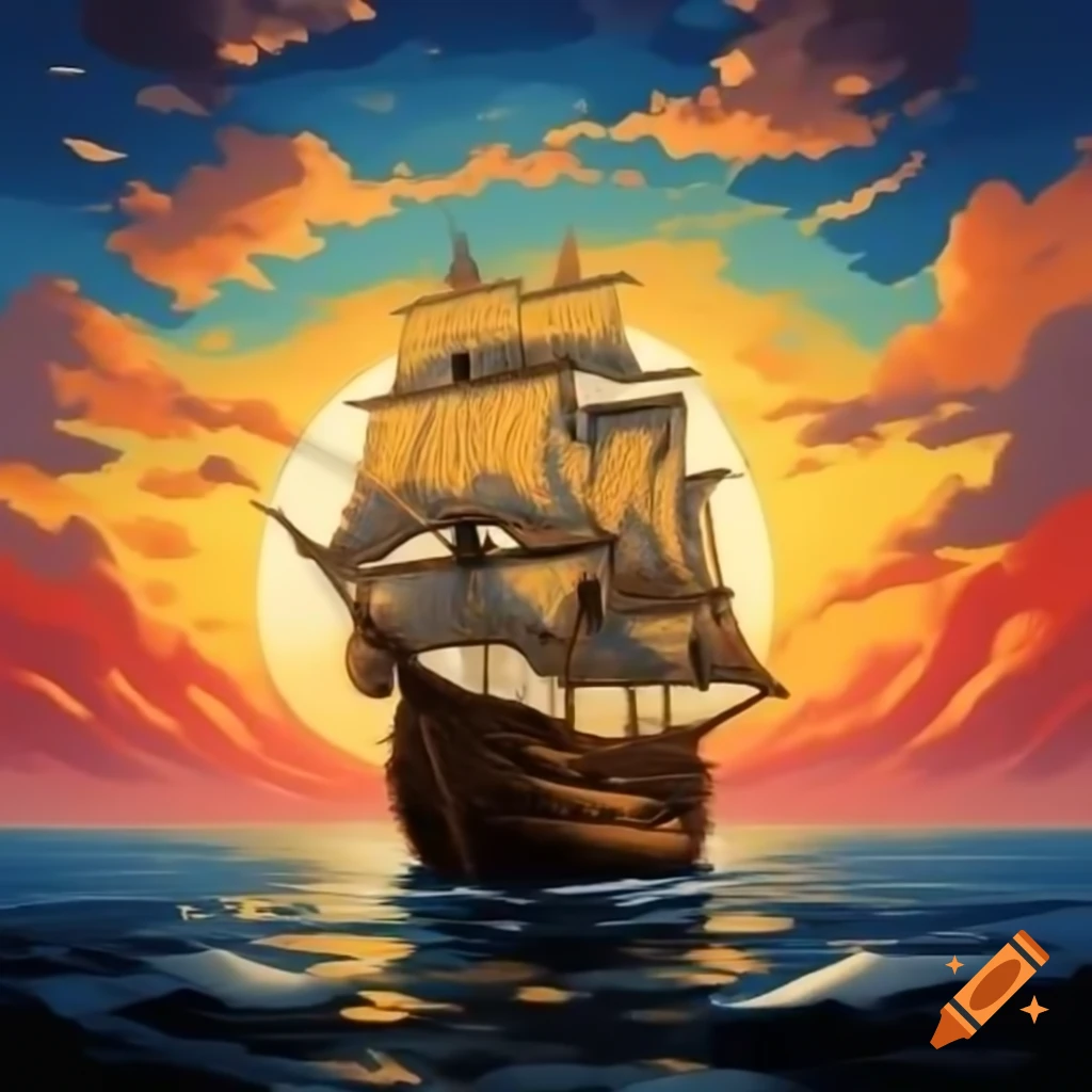 Elven sailing ship with golden sails against sunset sky