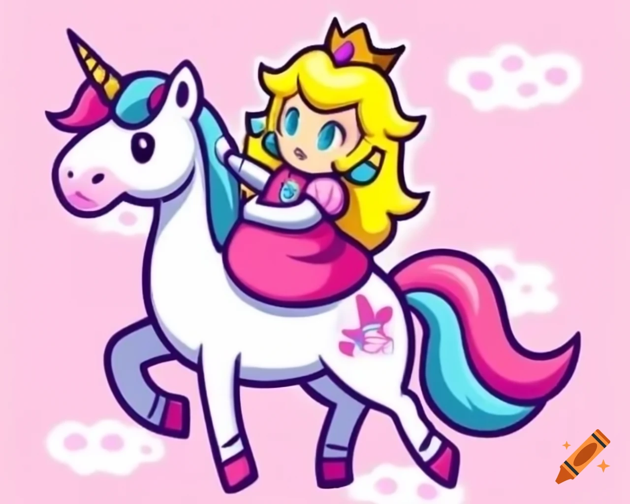 Princess Peach riding a unicorn in Scribblenauts unlimited style
