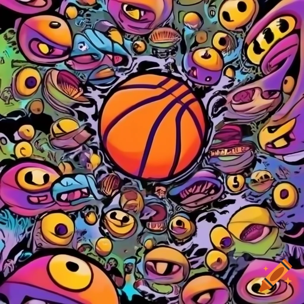 Colorful cartoon basketball logo with psychedelic eyes in chaotic design