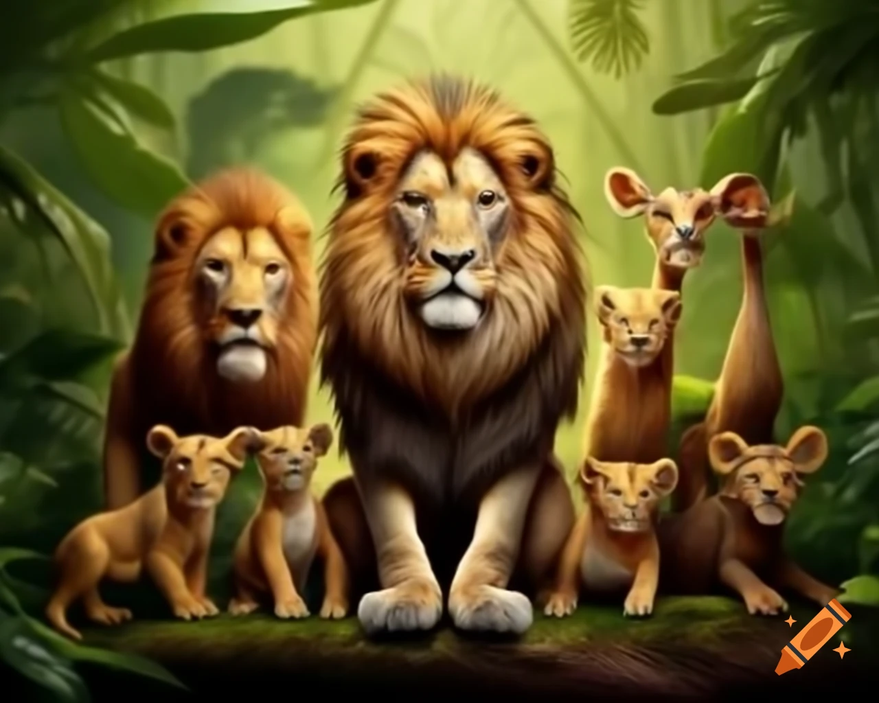 Lion interacting with various animals in the jungle