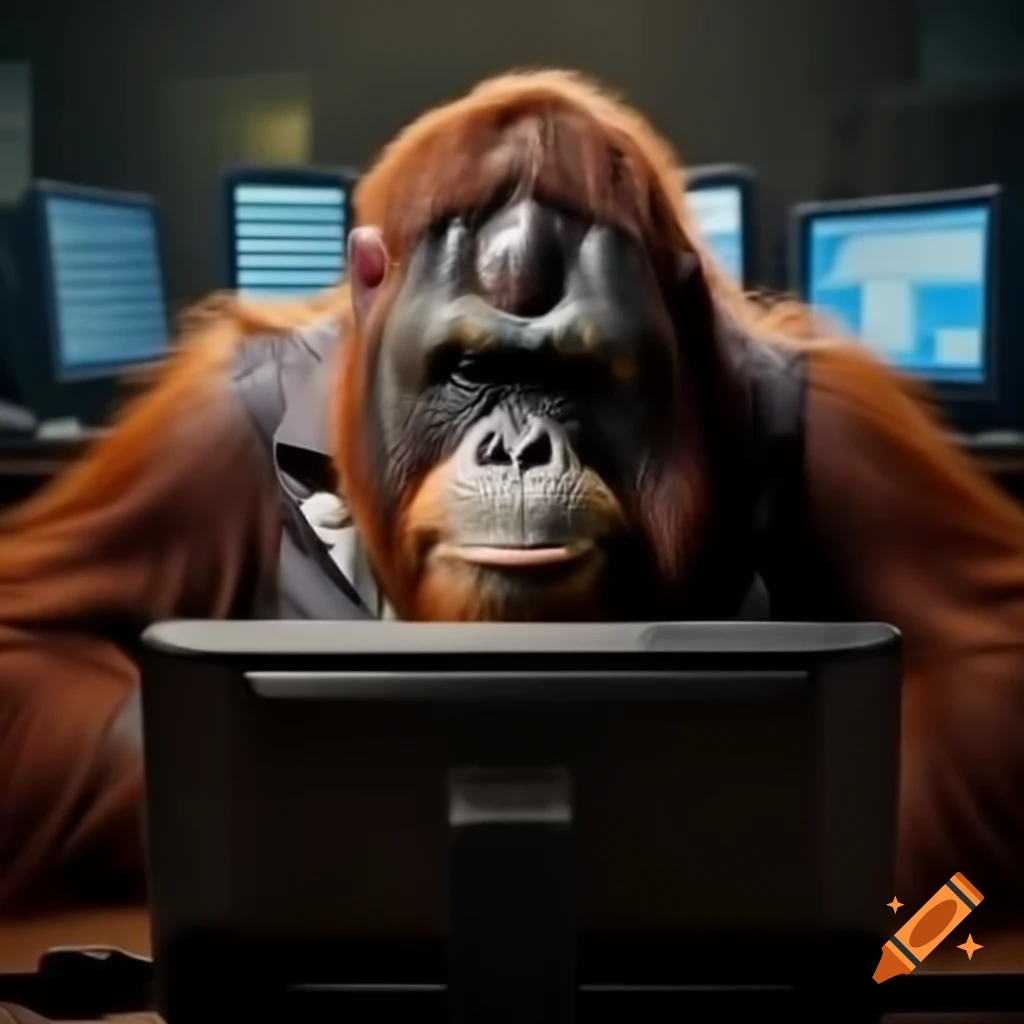 Orangutan in tuxedo thoughtfully staring at computer screen
