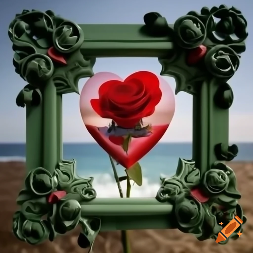 Red rose inside heart framed by green with sea decoration