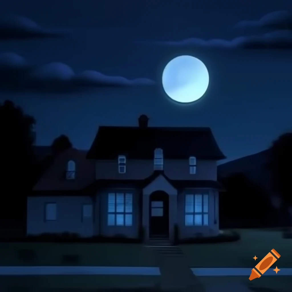 Silhouette of a thief sneaking into a house illuminated by a full moon