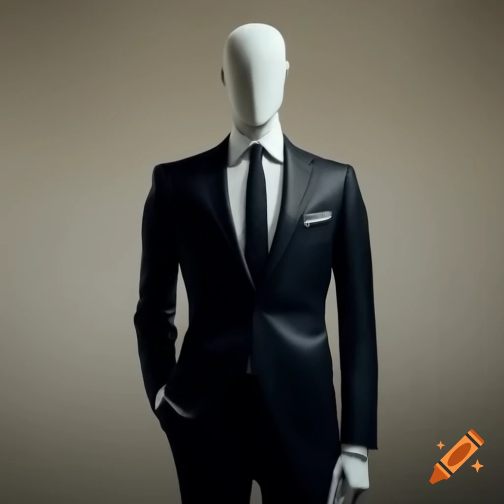Male mannequin dressed in formal suit against neutral background