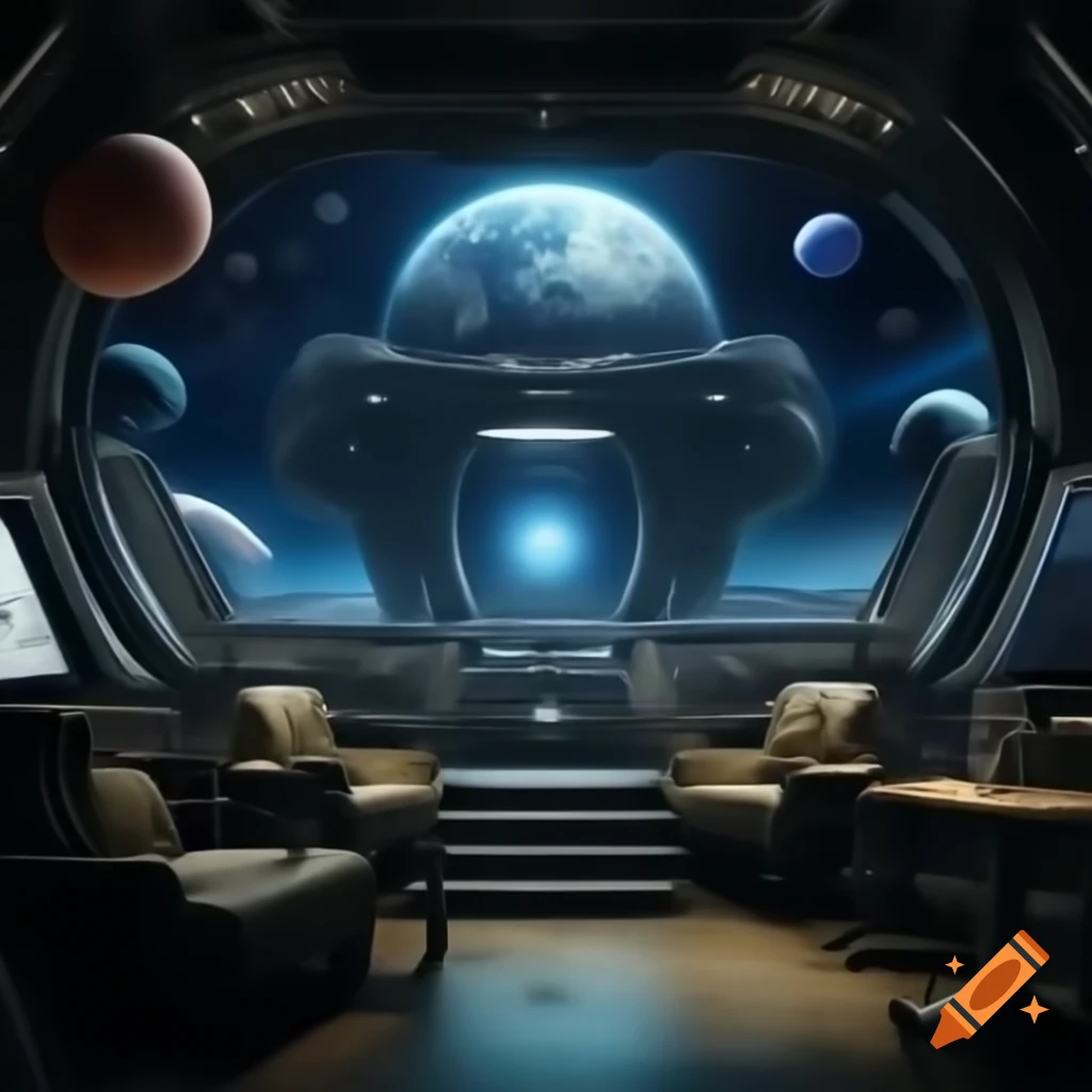 Interior of alien city ship with windows displaying space and planets, discussing Zarkothian complexities
