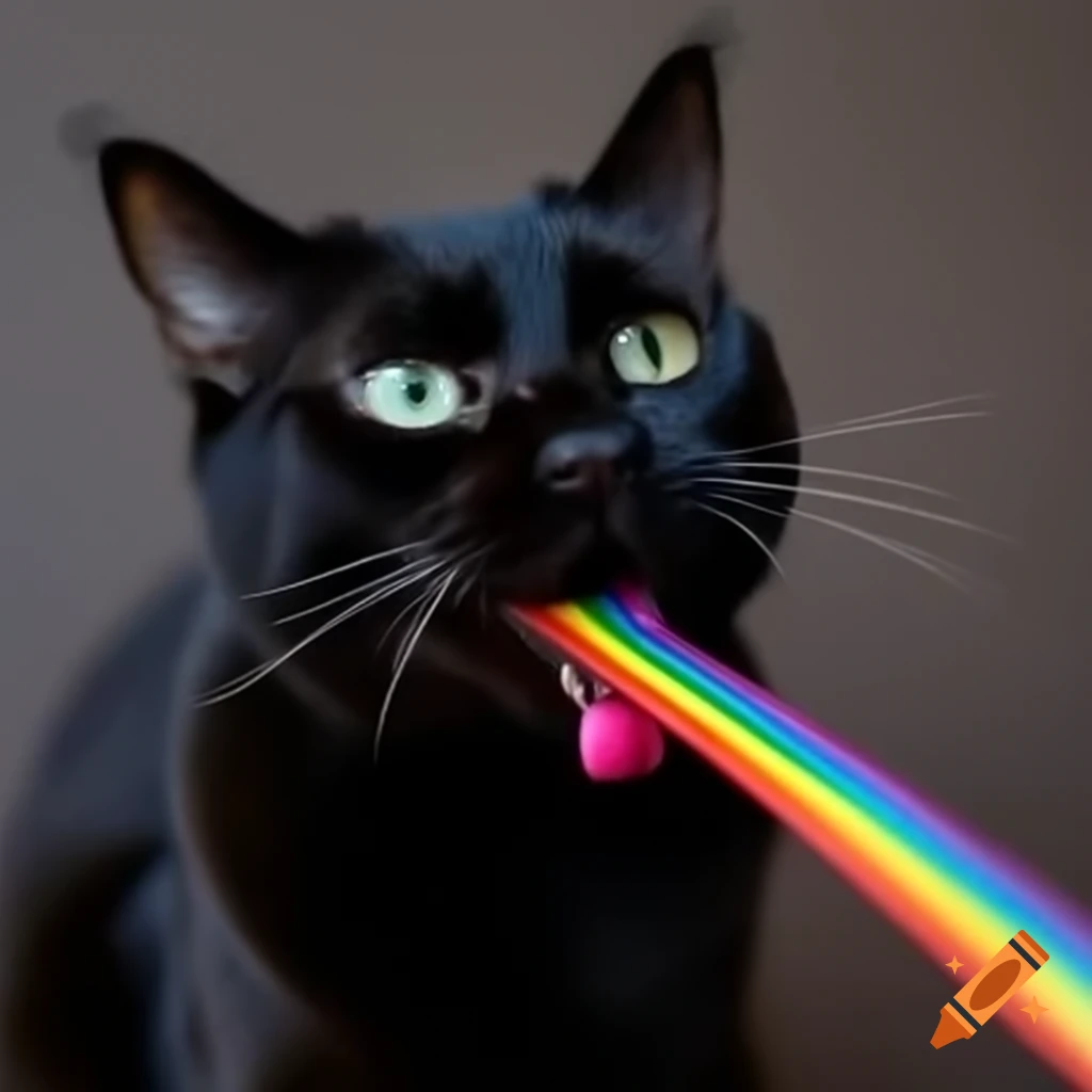 Black cat holding rainbow leash in its mouth