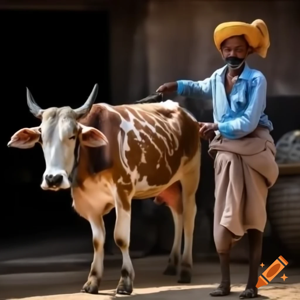 Indian cow with farmer in village setting