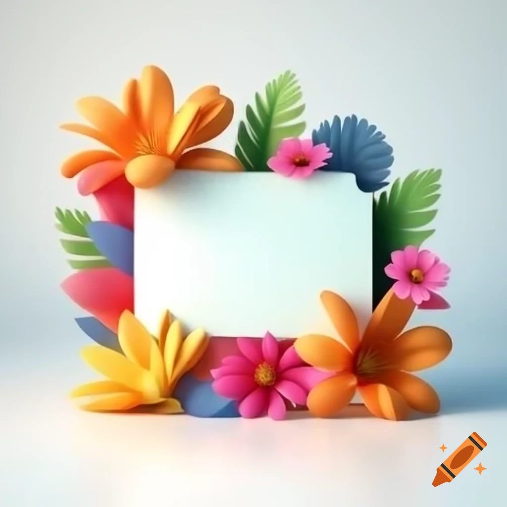 3D postcard design with colorful tropical flowers on transparent background