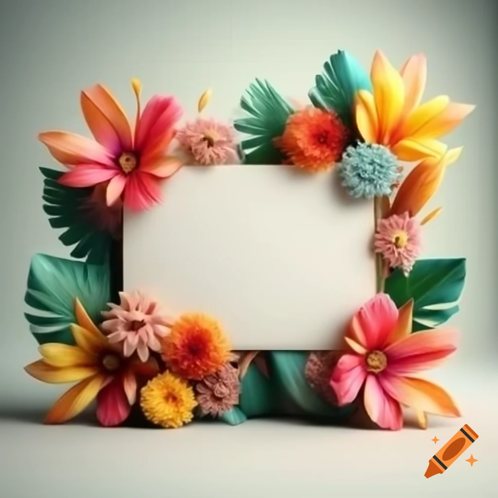 3D postcard design with colorful tropical flowers on transparent background