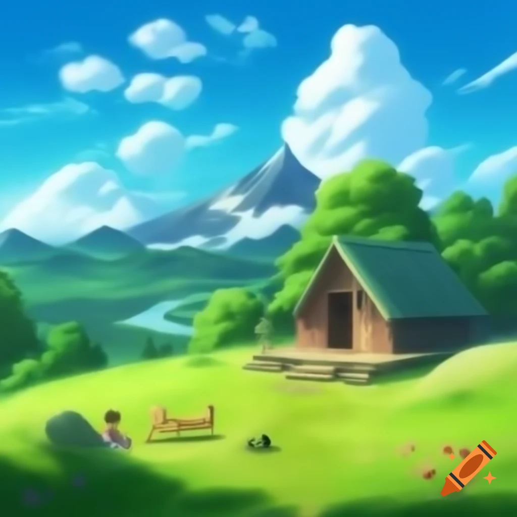 Photo Realistic Scene Of Blue Sky Fluffy Clouds Rolling Green Hills an-anime-character-with-red-eyes-and-black-hair-looking-at-the-camera