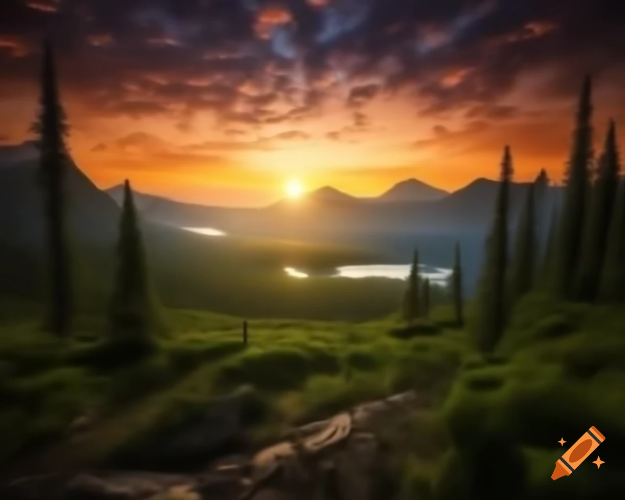 Photorealistic landscape of mountain lake with island and sun rays