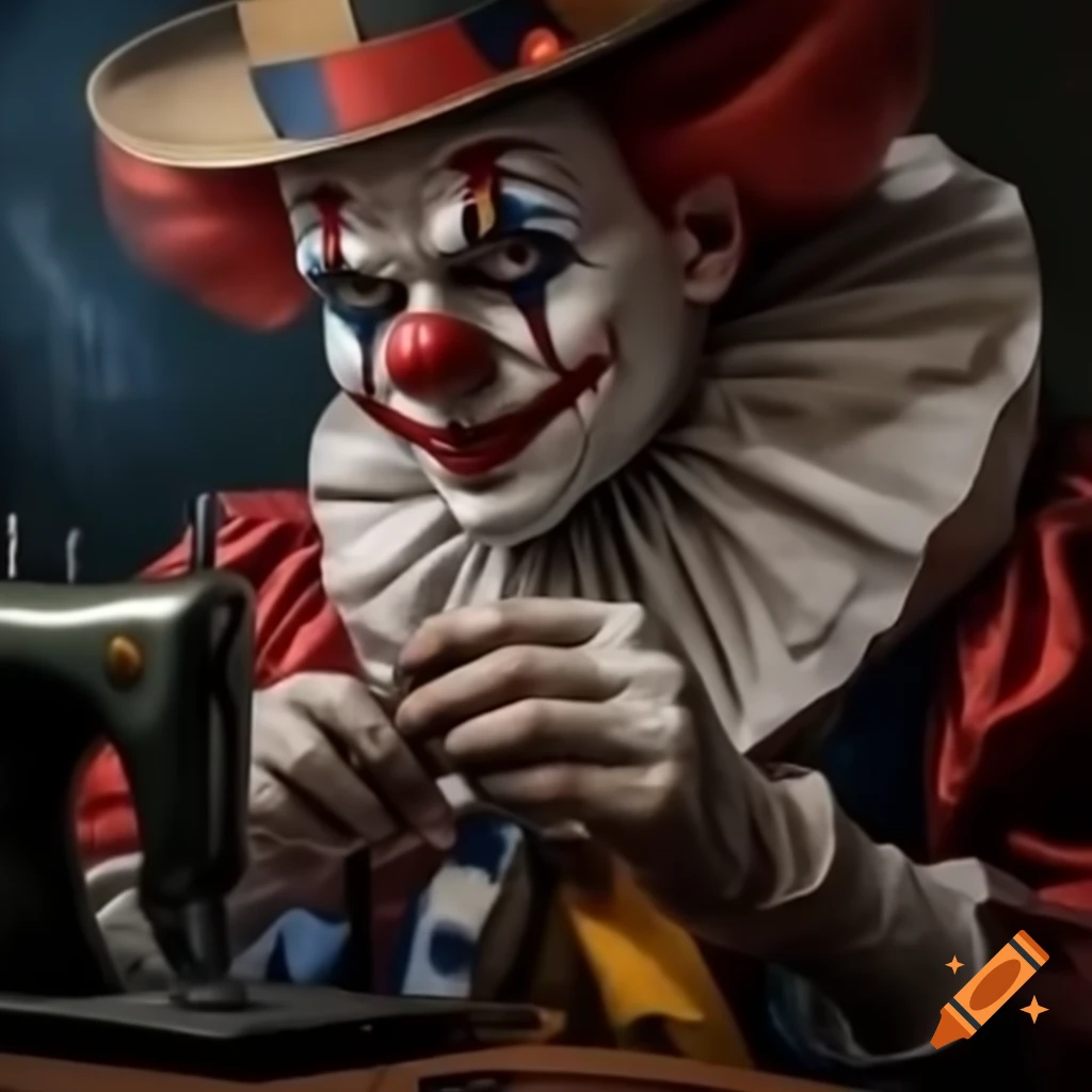 Intricate hyperrealistic scene of a senator sewing a clown costume