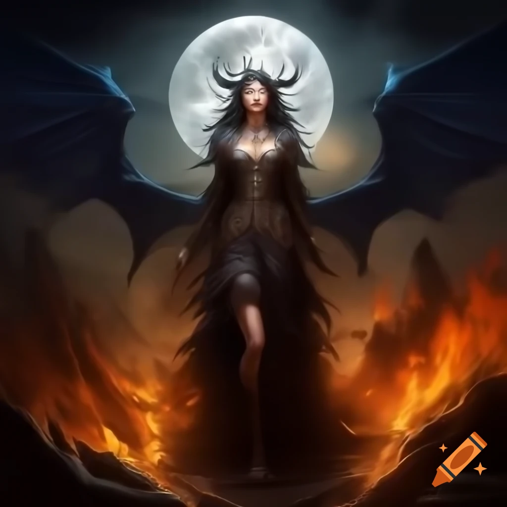 Powerful sorceress whispering incantations under full moon with distant braziers