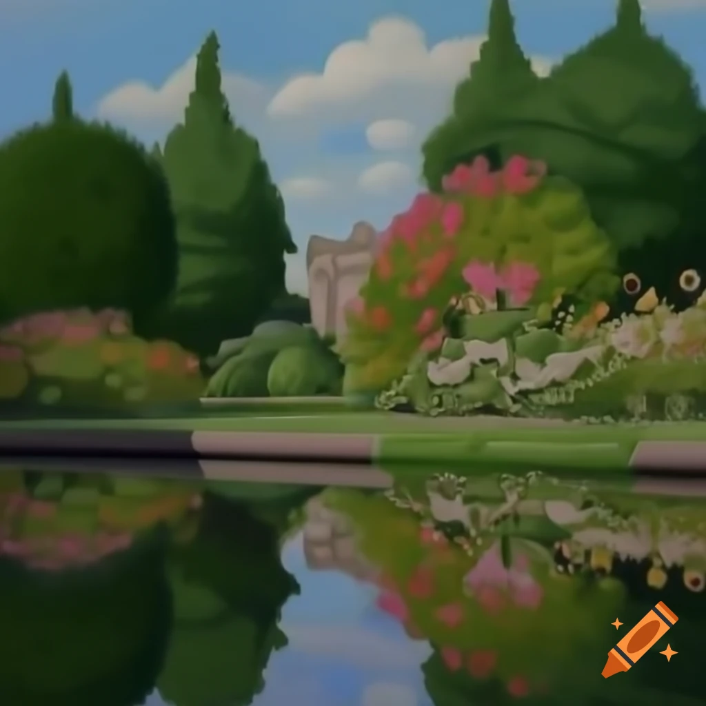 Detailed oil painting of English garden reflecting flowers under clear skies