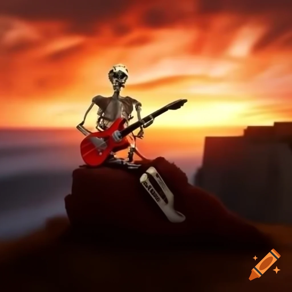 Skeleton with red guitar at sunset on cliff edge