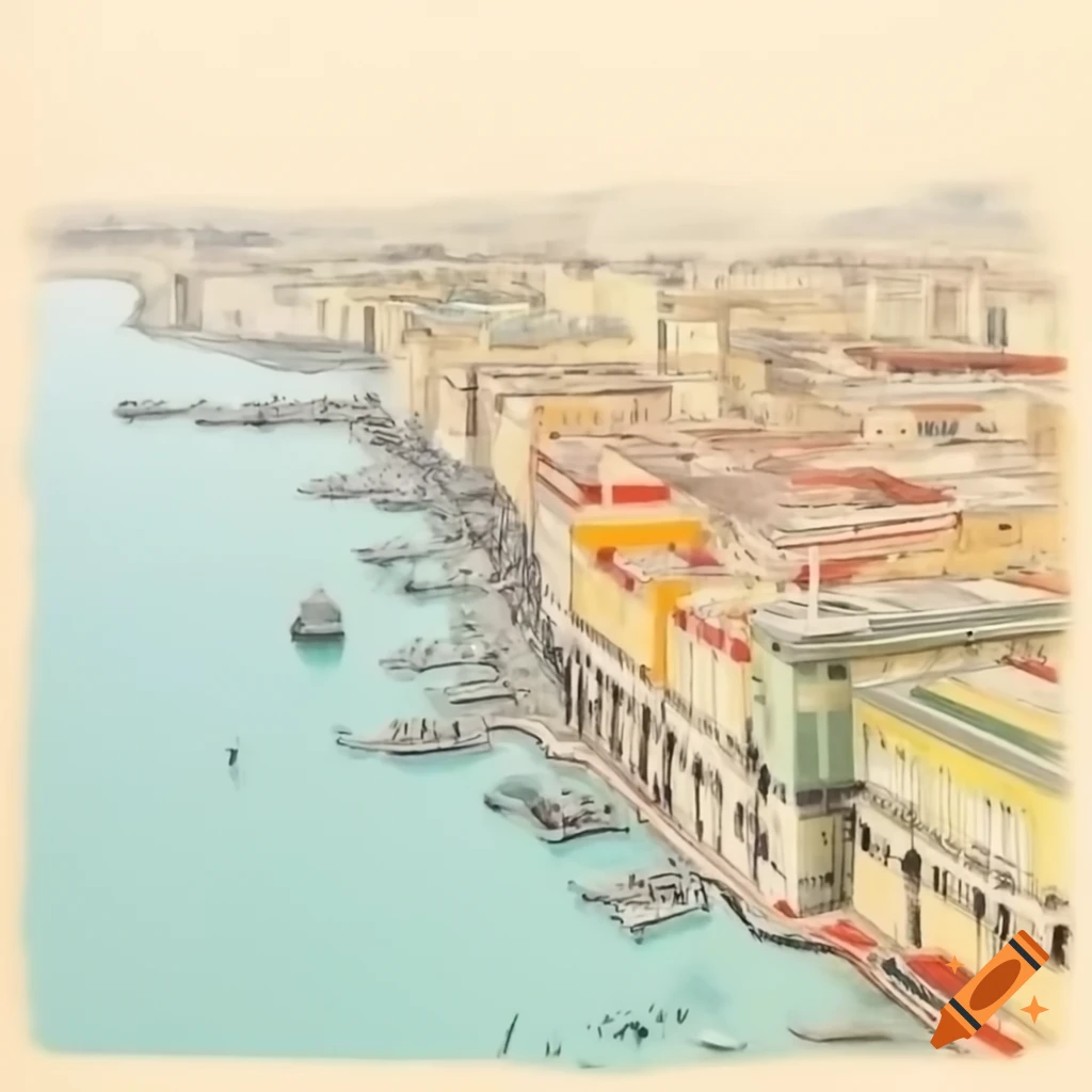 Colored sketch of 1800s Naples town