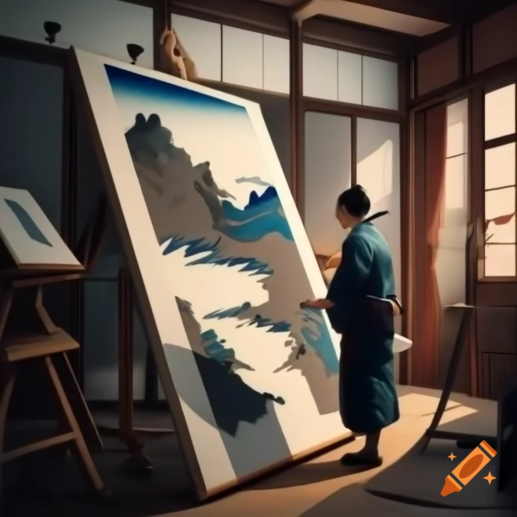 Ukiyo-e woodblock print of artist-magician painting in sunlit studio