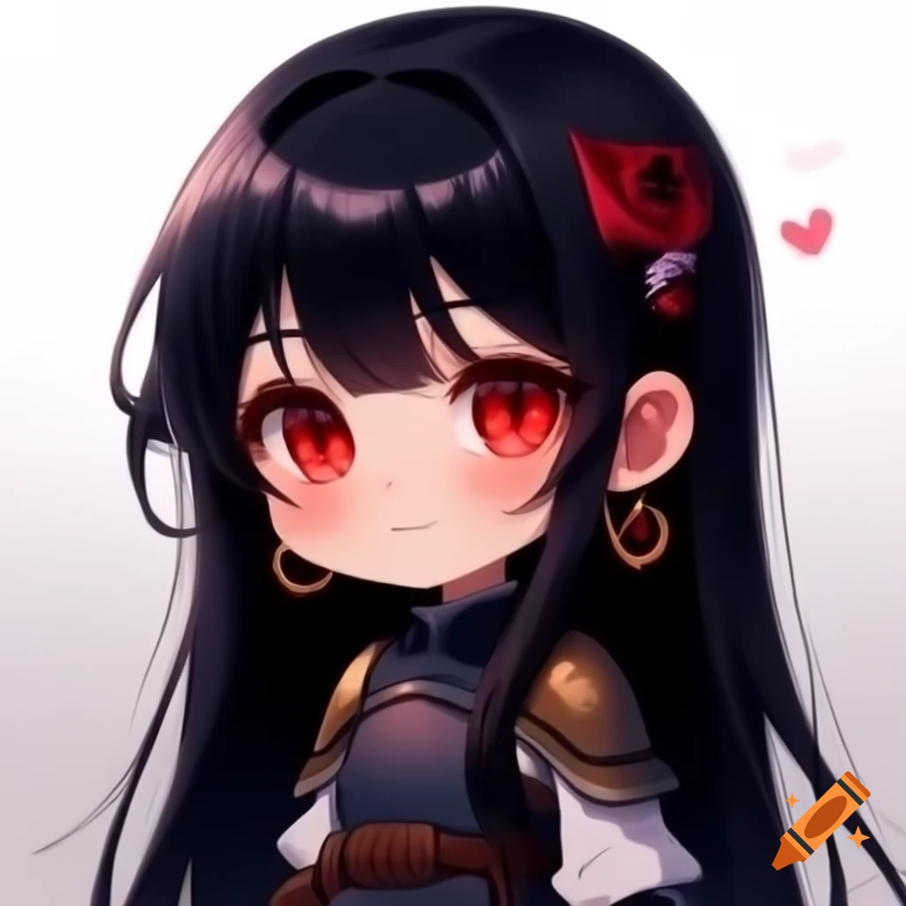 Anime chibi adventurer girl with long black hair and gradient red eyes