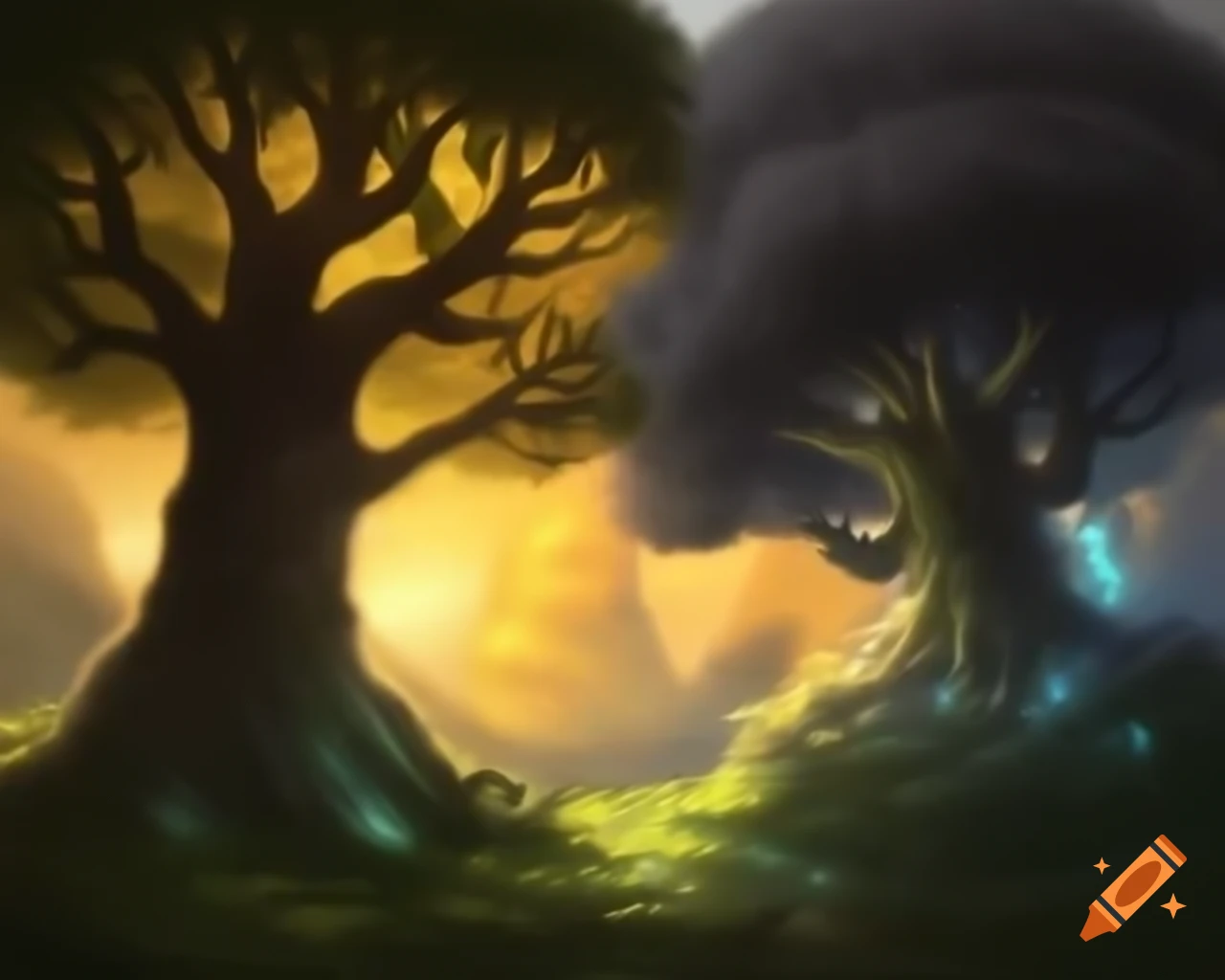 Two Trees of Valinor: Telperion and Laurelin in high quality fantasy painting