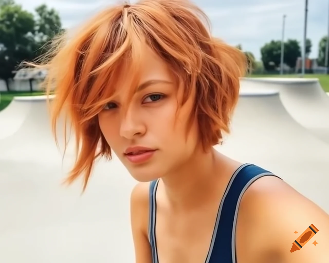 Selfie of French female delinquent with ginger hair in skate-park