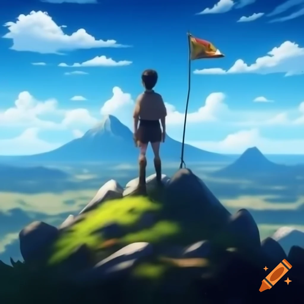 Scout silhouette on mountain with flag, overlooking distance