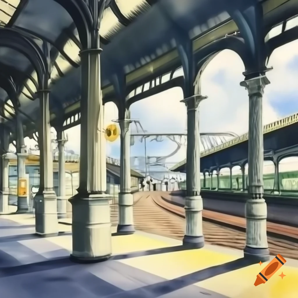 Watercolor view from old train station platform with columns and winding train tracks