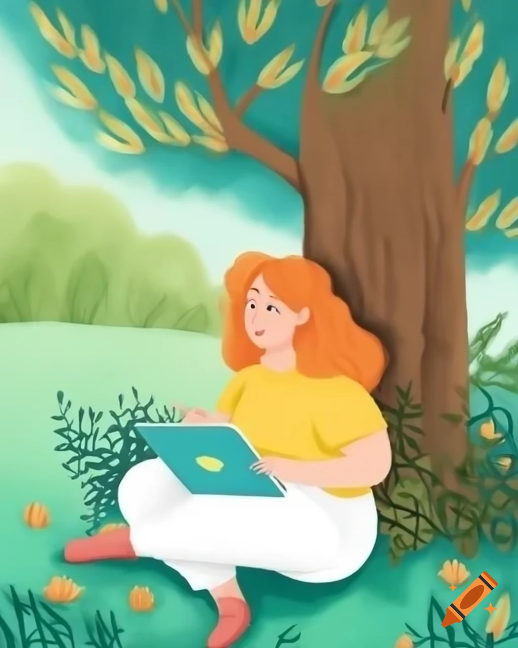 Woman drawing on iPad under tree in garden