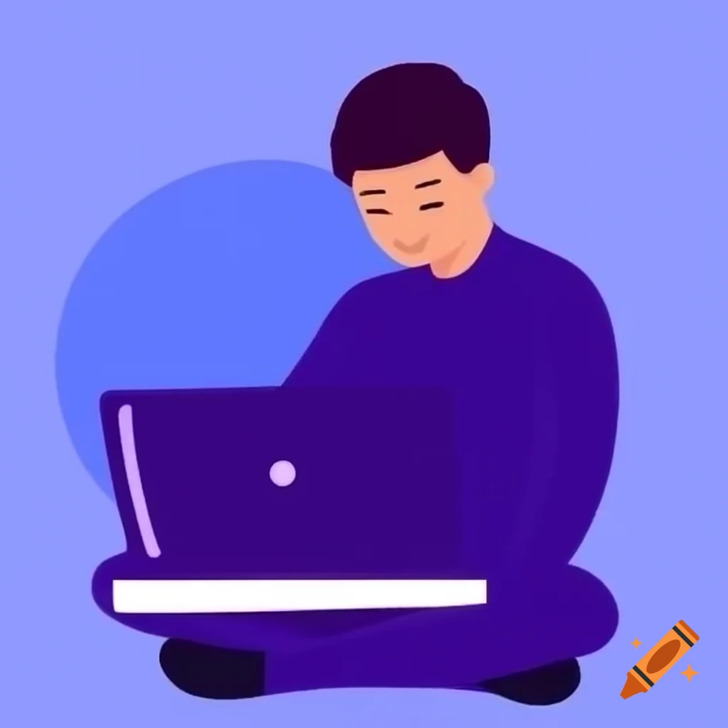 Man using laptop to find freelancers in light and dark purple colors