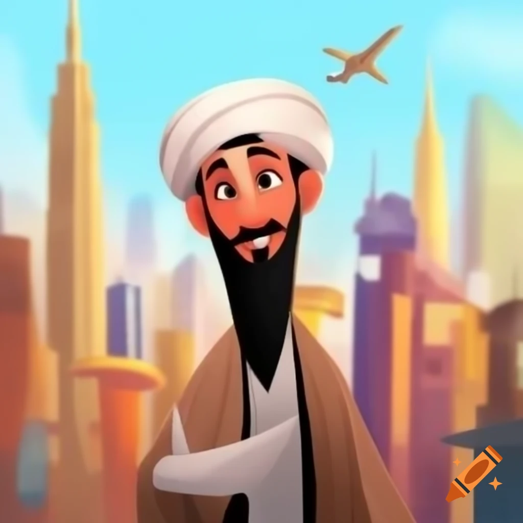 Cartoon Arab man in NYC with turban and two towers in background
