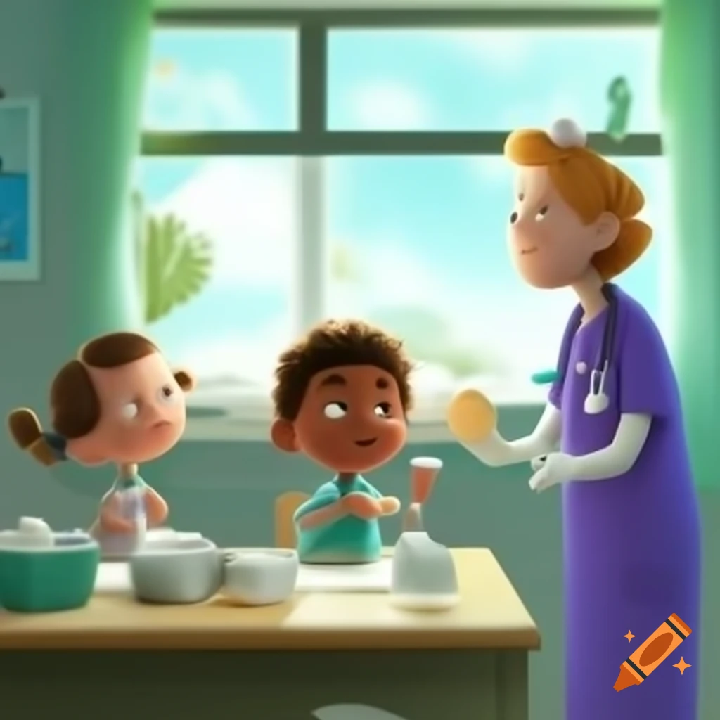 Child and doctor in bright children's hospital room discussing healthy food with poster