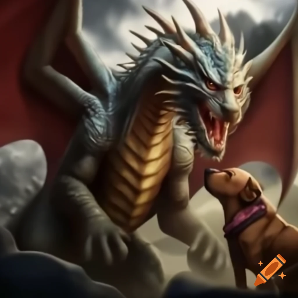 Dragon battling a dog in a fantasy scene