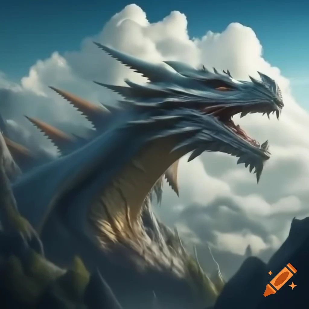 Mountain view with cloud formations resembling dragons approaching the sun