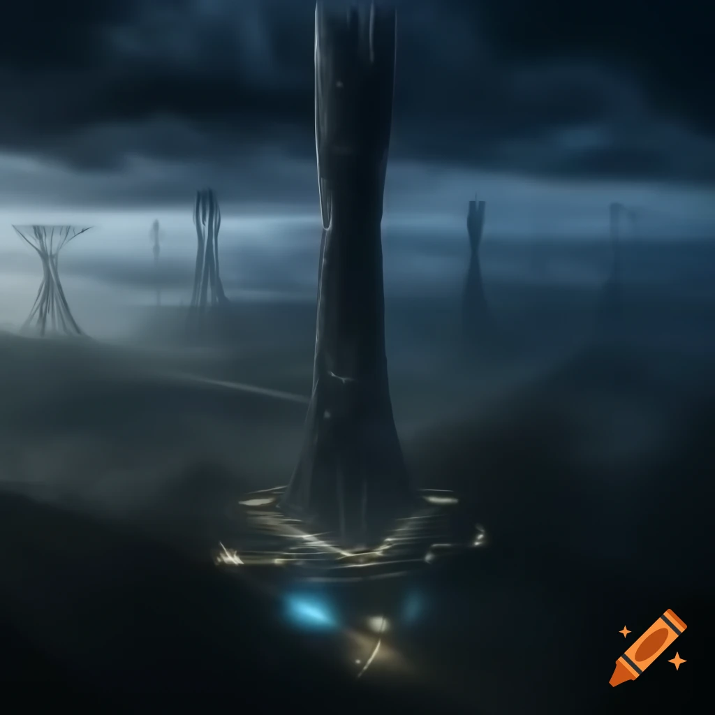 Immense megastructure in dystopian future rising into clouds