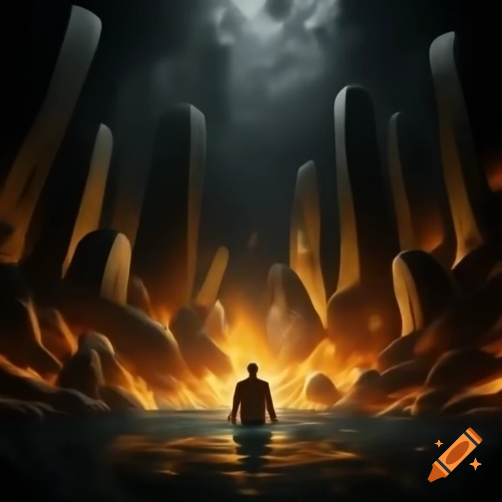 Figure made of yellow flames in dark lake surrounded by monoliths