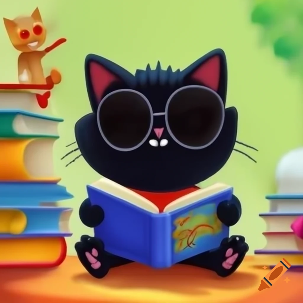 Cartoon of black cat with sunglasses reading a book