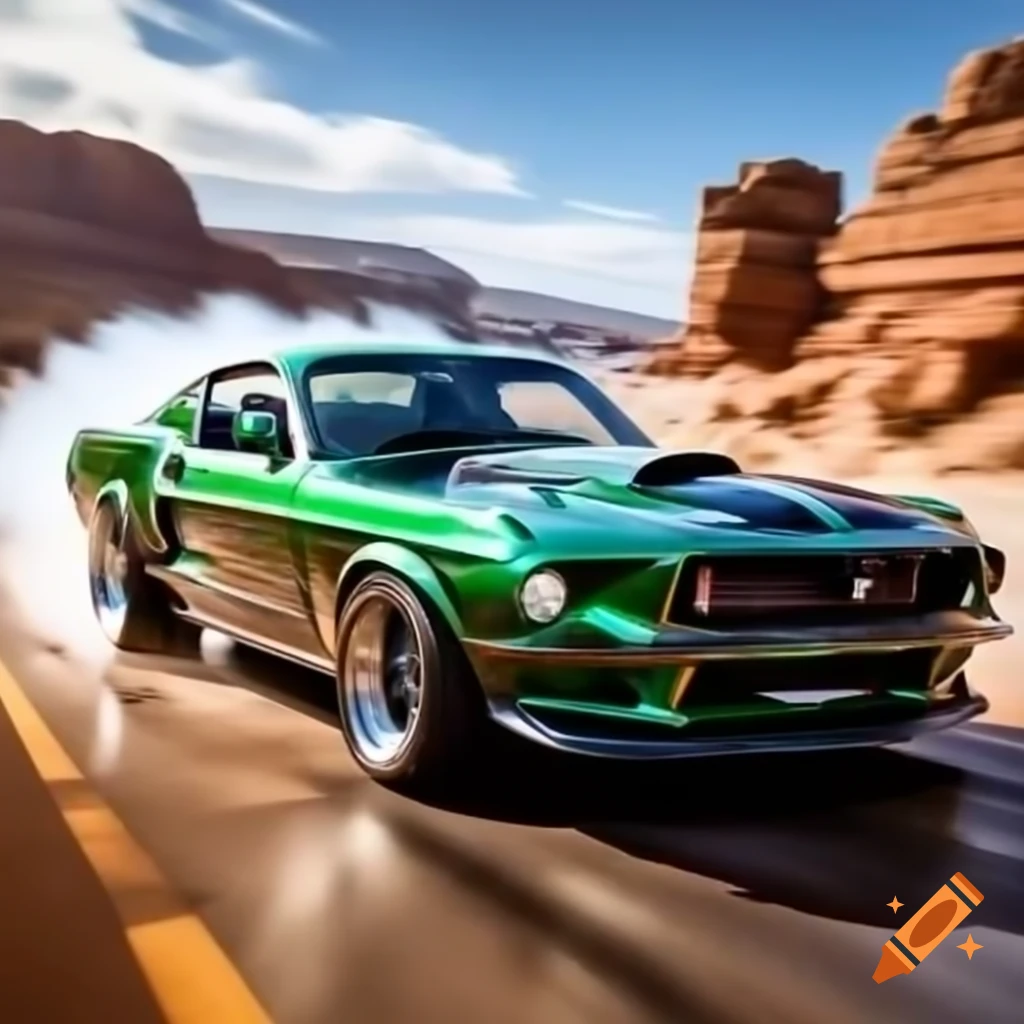 1969 Mustang drifting at high speed on cliffside