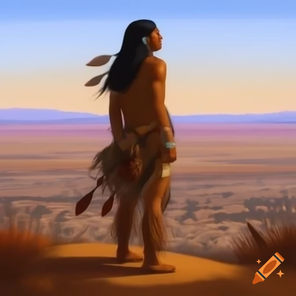 Native American figure on plains looking towards distant city