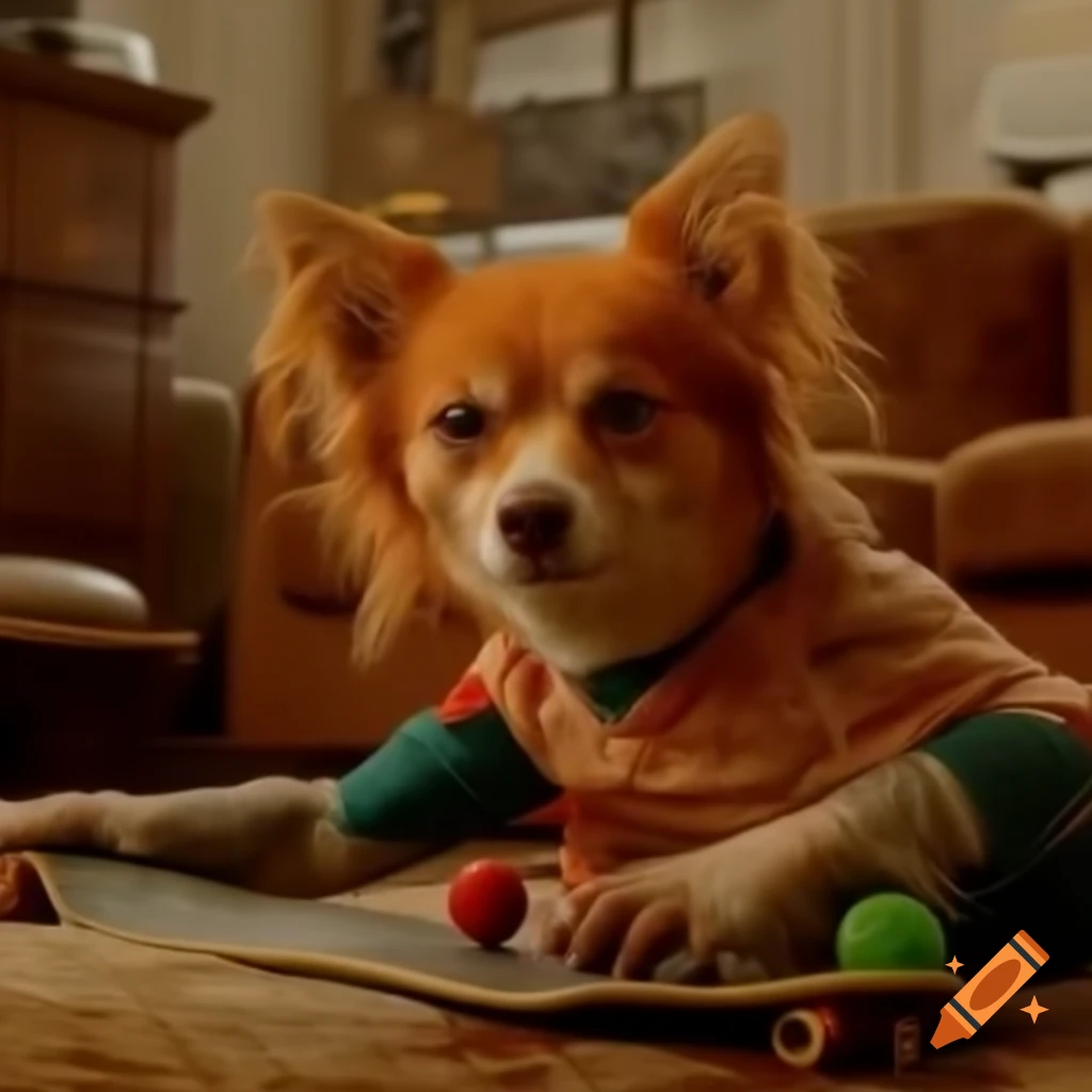 Tsundere character skateboarding in dusty living room with focus on detailed facial features