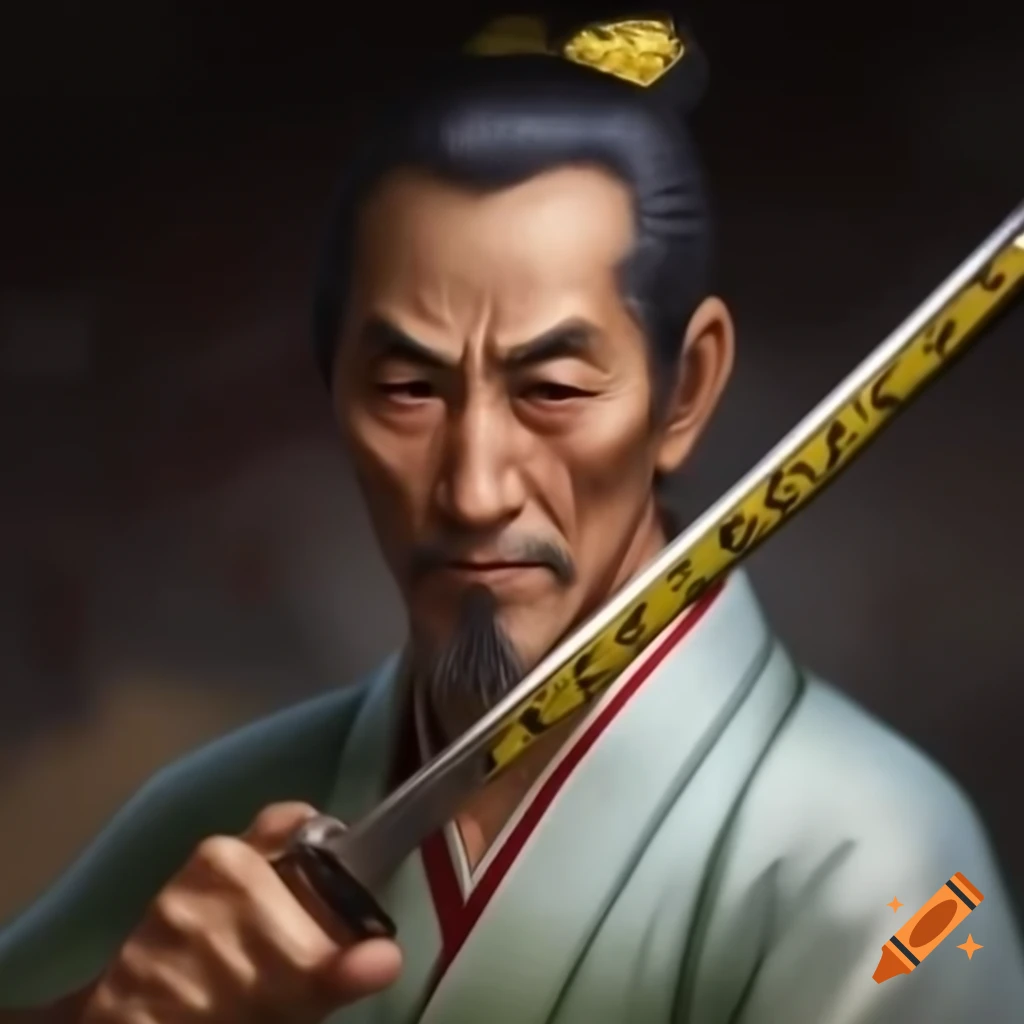 Japanese man in white kimono holding yellow katana with limpets
