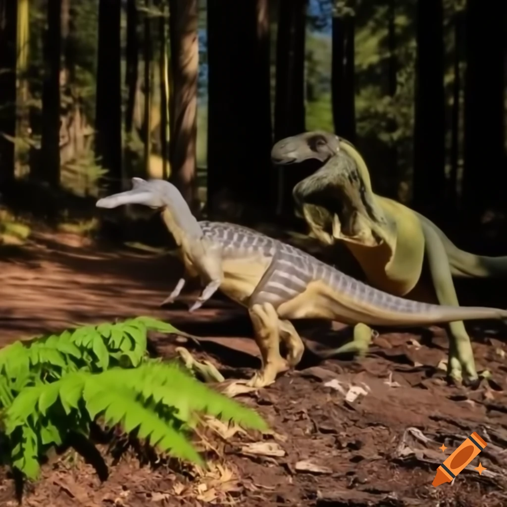 Cinnamon and grey striped Pachycephalosaurus in sunny redwood forest clearing
