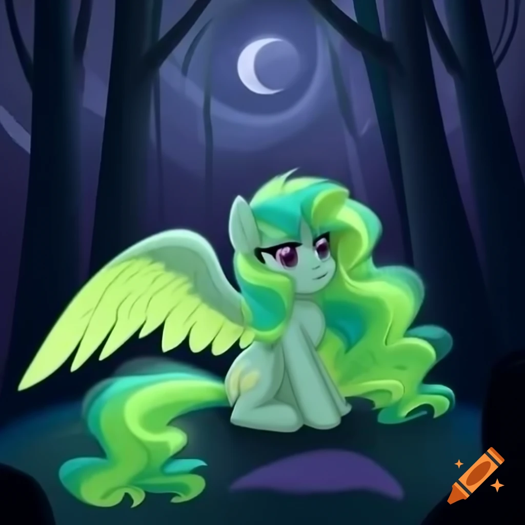 Cute green pony with aurora hair and wings in moonlit forest